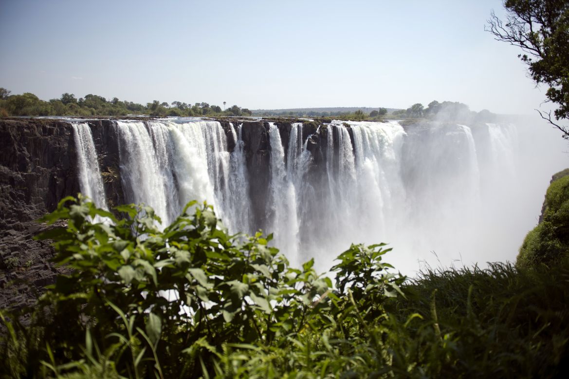 Victoria Falls, on the Zimbabwe-Zambia border, is the world's largest sheet of falling water.