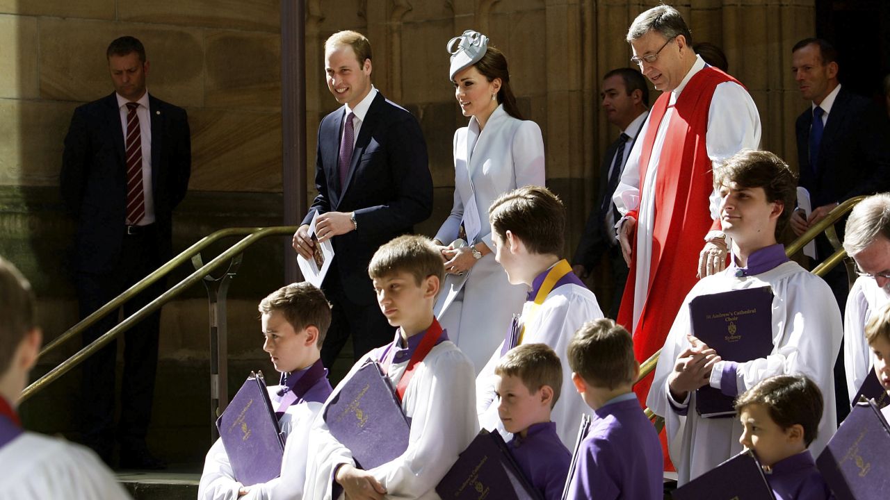 The duke and duchess walk past members of the St. Andrews Cathedral choir after an Easter celebration in Sydney on Sunday, April 20.