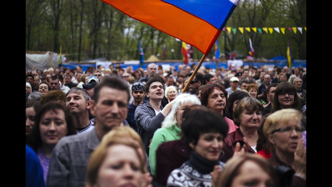 Demonstrators attend a pro-Russian rally outside the secret service building in Luhansk on April 21.