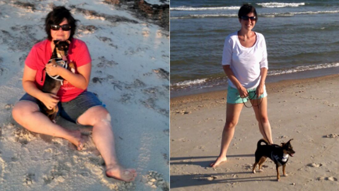 This photo shows Victoria on the beach before her weight loss and one year later. She now weighs 150 pounds and wears a size 6. 
