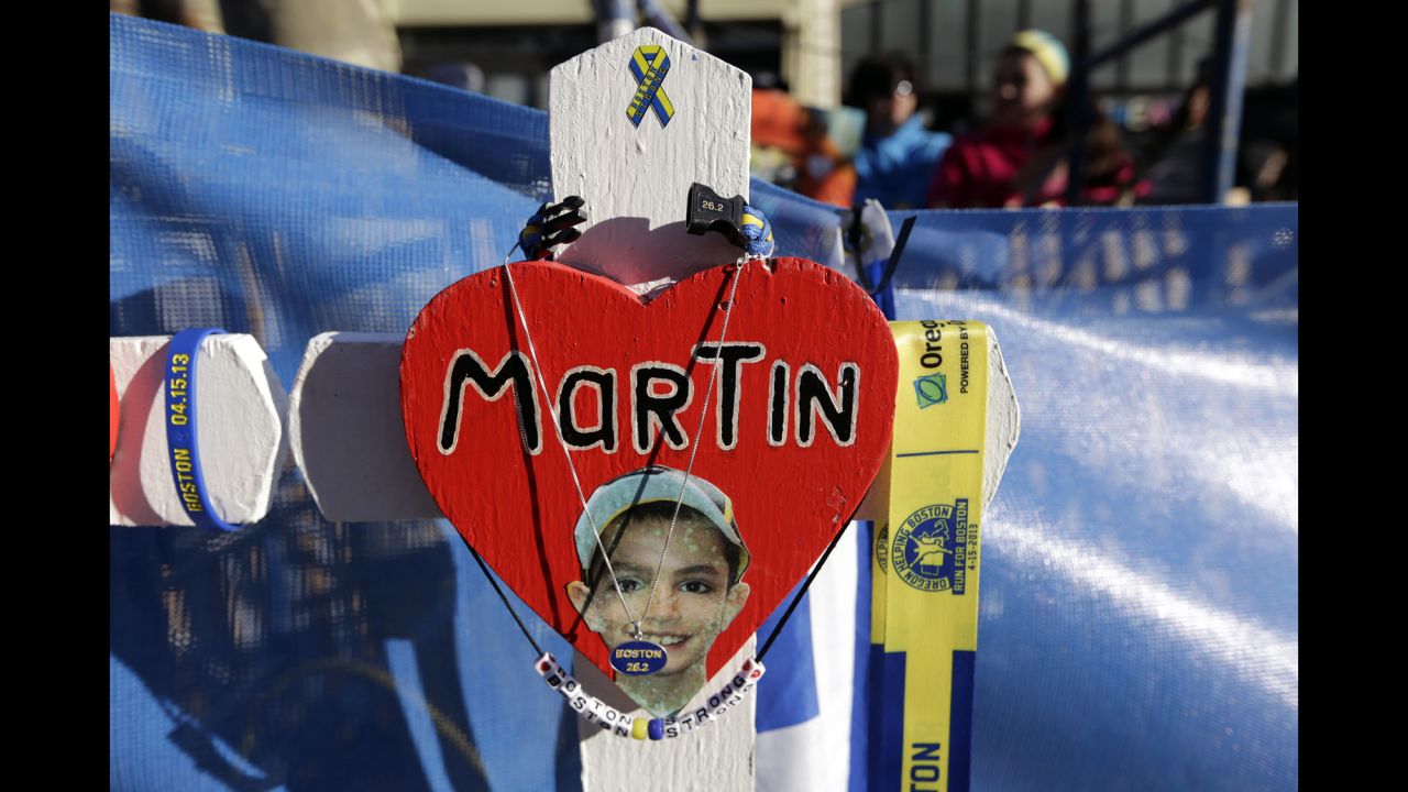 A memorial for Martin Richard, one of the 2013 bombing victims, stands near the starting line.