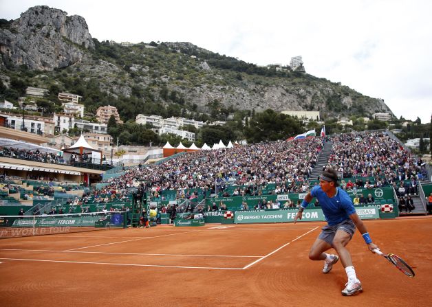 Rafael Nadal of Spain returns the ball to Teymuraz Gabashvili of Russia during the Monte Carlo Masters in Monaco on April 16. 