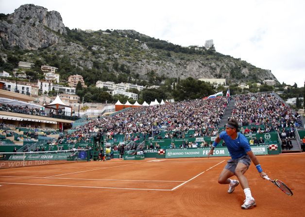 Rafael Nadal of Spain returns the ball to Teymuraz Gabashvili of Russia during the Monte Carlo Masters in Monaco on April 16.