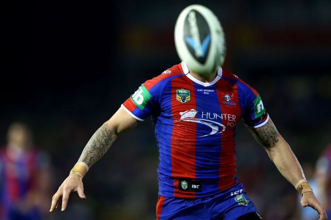 Darius Boyd of the Knights chases the ball during the round seven National Rugby League match between the Newcastle Knights and the Brisbane Broncos on April 18 in Newcastle, Australia.