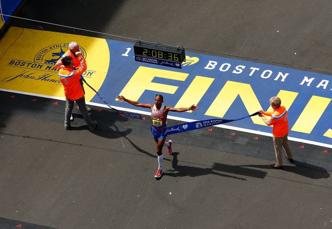 Meb Keflezighi crosses the finish line to become the first American man to win the Boston Marathon since 1983. Keflezighi, 38, won the men's division with an unofficial time of 2:08:37, according to the <a href="https://www.facebook.com/TheBostonMarathon/posts/10152044909106657" target="_blank" target="_blank">Boston Marathon's Facebook page.</a>