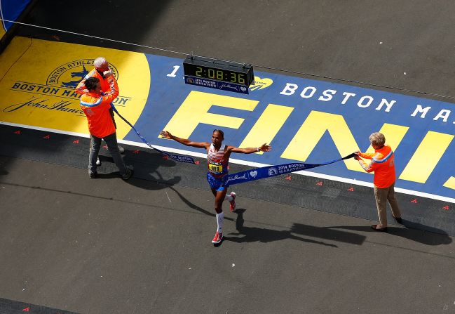 Meb Keflezighi crosses the finish line to become the first American man to win the Boston Marathon since 1983. Keflezighi, 38, won the men's division with an unofficial time of 2:08:37, according to the <a href="index.php?page=&url=https%3A%2F%2Fwww.facebook.com%2FTheBostonMarathon%2Fposts%2F10152044909106657" target="_blank" target="_blank">Boston Marathon's Facebook page.</a>