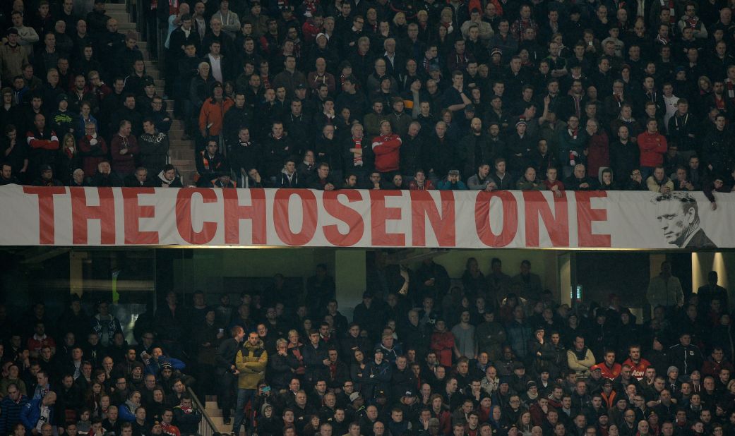 Moyes didn't need reminding that he was Ferguson's choice of replacement. This banner has been a constant fixture at the Stretford End at Old Trafford all season. Ferguson told fans to give Moyes time after his farewell game in charge at the "Theater of Dreams," but the Glazer family has run out of patience.    