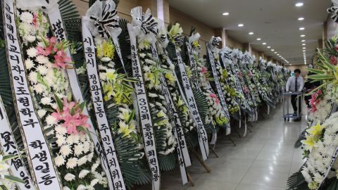 Flowers for Sewol crew member Jee Young Park pack a hallway at the funeral hall in Incheon, South Korea.