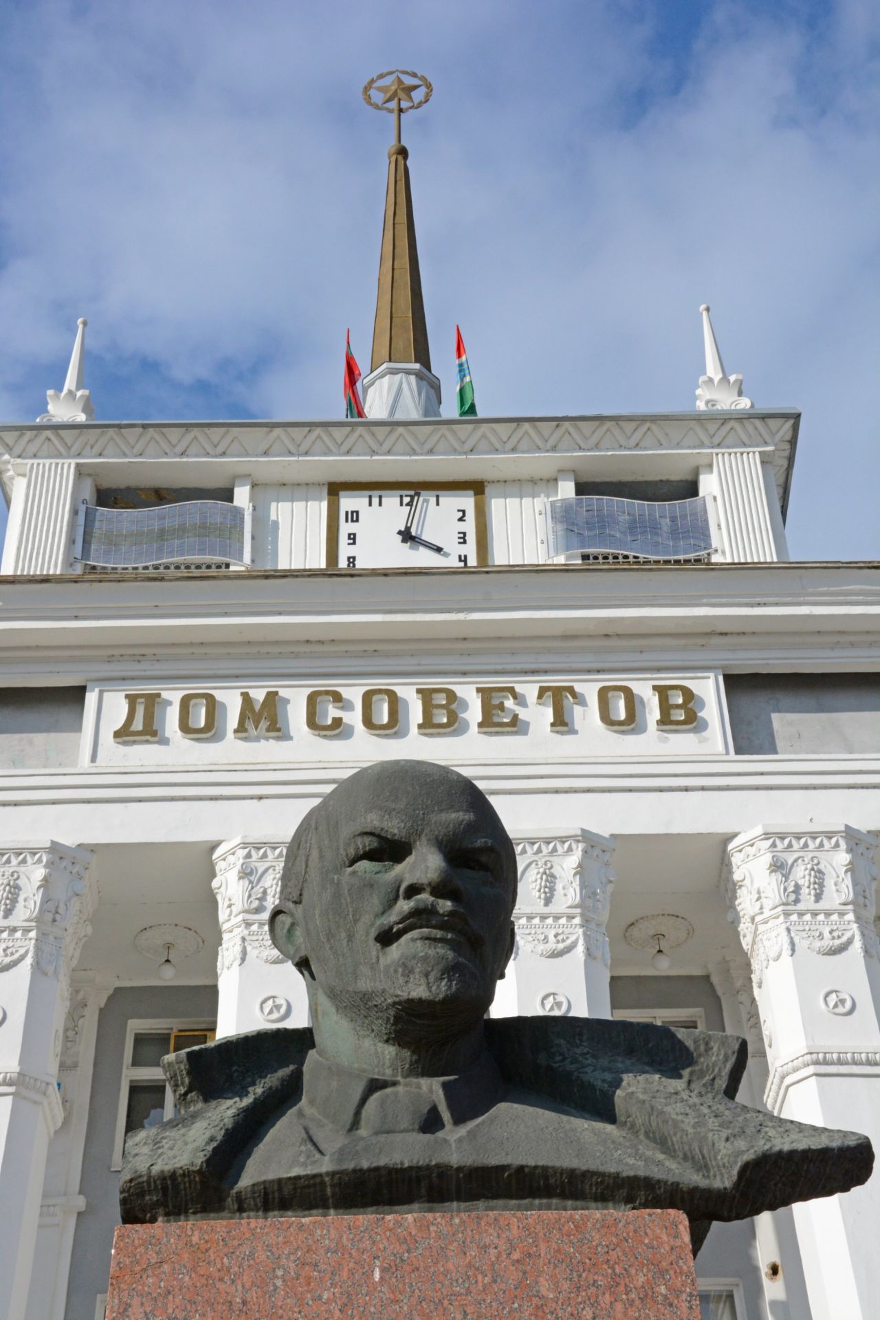 Statues of former Soviet leader Vladimir Lenin stand sentinel outside official buildings in Tiraspol.