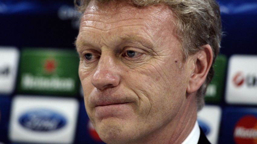 A file picture taken on February 24, 2014, shows Manchester United's coach David Moyes during a press conference at the Karaiskaki stadium in Athens. 