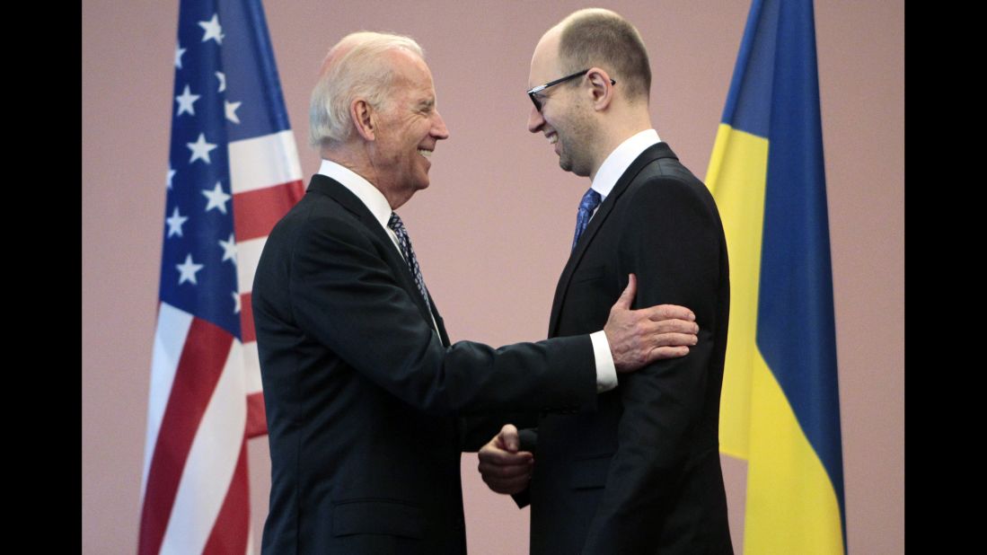 U.S. Vice President Joe Biden, left, talks with Ukrainian Prime Minister Arseniy Yatsenyuk during a meeting in Kiev on April 22.