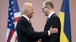 U.S. Vice President Joe Biden talks with Ukrainian Prime Minister Arseniy Yatsenyuk during a meeting in Kiev, Ukraine, on April 22.