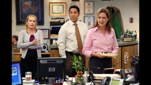 In NBC's "The Office," Pam Beesly, right, doesn't particularly like her job as the receptionist at Dunder Mifflin paper company in Scranton, Pennsylvania. But as her confidence grows, she lands jobs as a saleswoman and office manager. All the while, she balances her romance with salesman Jim Halpert, their two children -- and the crazy bosses of Dunder Mifflin.