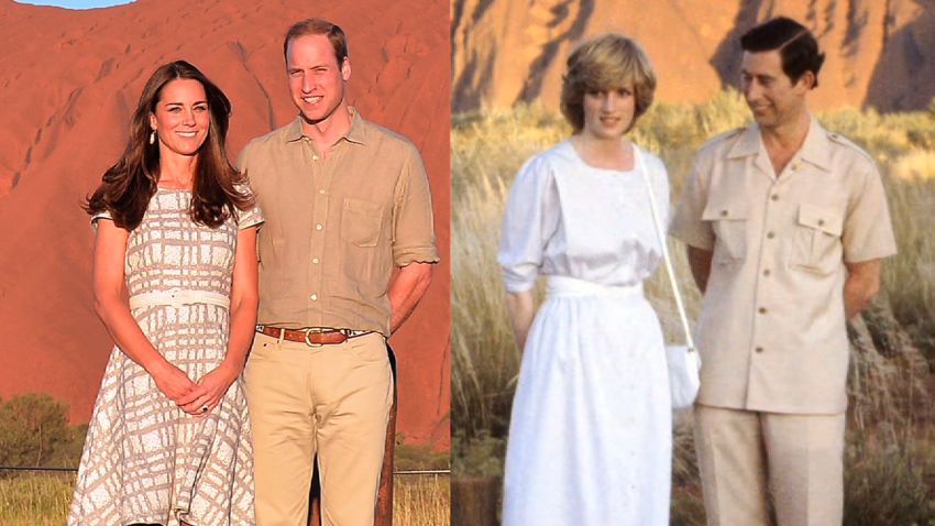 The Duke and Duchess of Cambridge visit iconic Ayers Rock, or Uluru, bringing to mind the visit made by Prince William's parents on their first trip to Australia over thirty years ago.