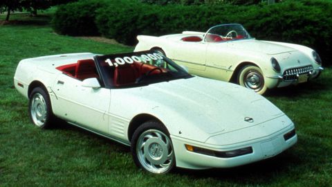 The 1 millionth 'Vette paid homage to the first 1953 model: Both cars share the same black soft-top, white paint job and red interior color scheme. 