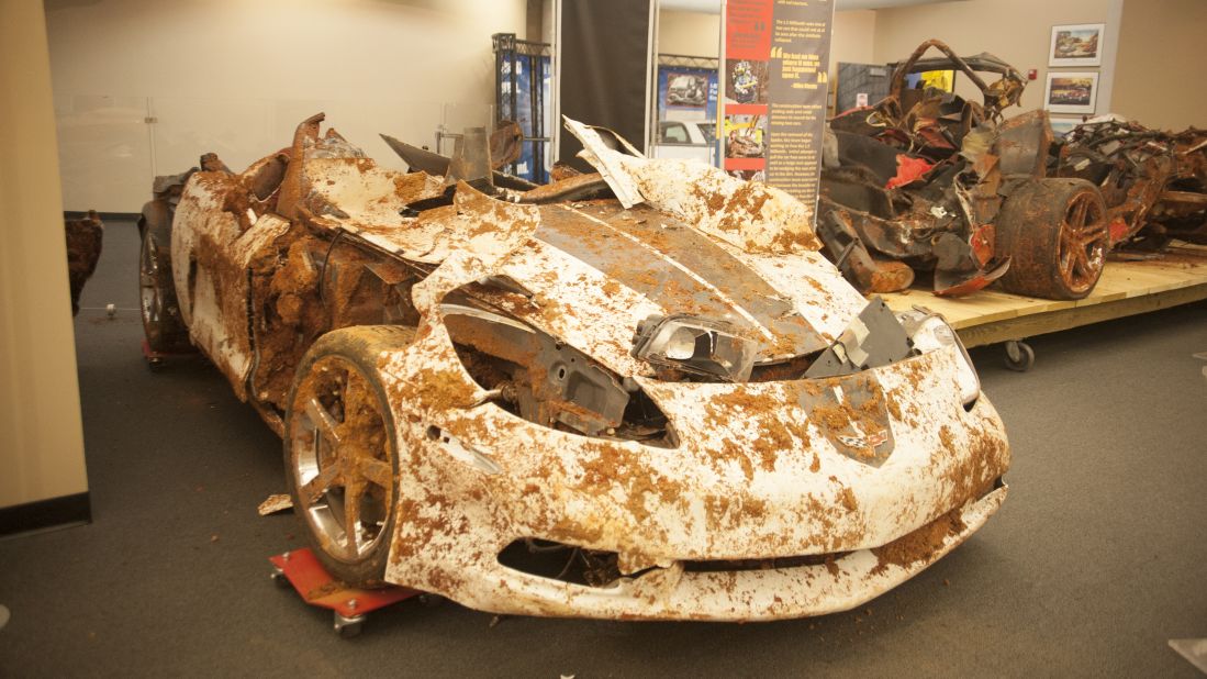 Seen here after its rescue, the "1.5 Millionth" Corvette obviously took a beating. 