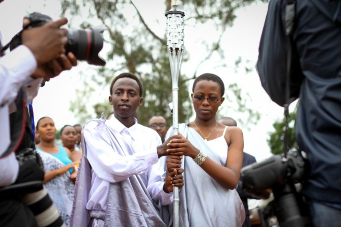 Young Rwandans carrying the Flame of Remembrance at the IPRC Stadium, Kicukiro, on April 5.
