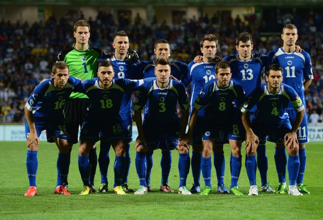 Bosnia pose for a team photo before kick off. A win against the Slovaks will book a place in Brazil after narrowly missing out for the 2006 and 2010 World Cup finals.   