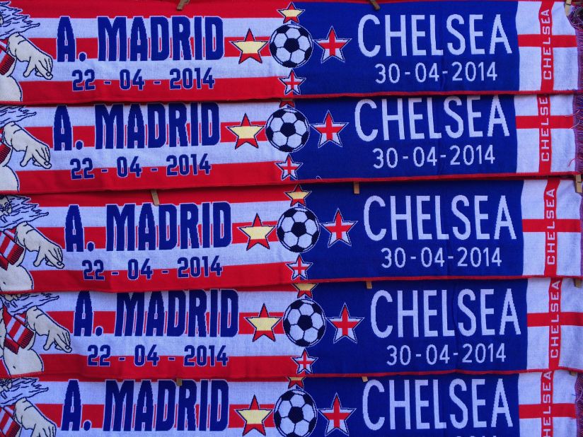 Souvenir scarves of the the respective sides are marked with the dates of the two-legged semifinal between Atletico Madrid and Chelsea.  