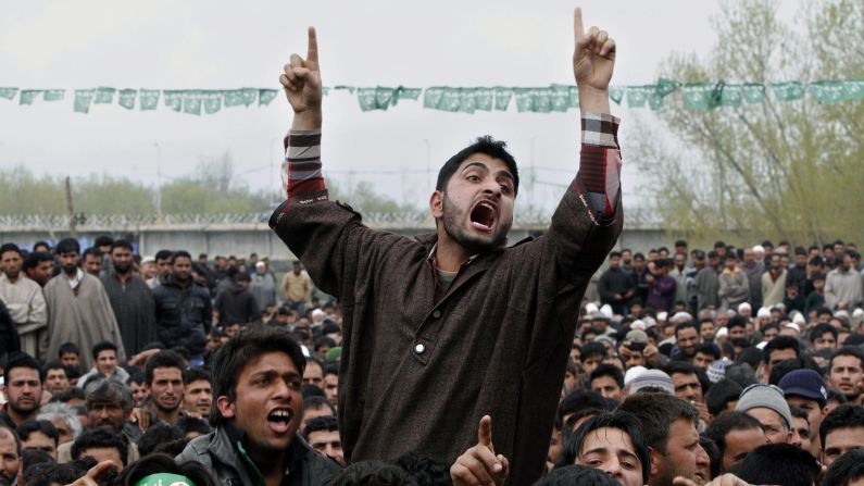 A supporter of the Peoples Democratic Party shouts slogans during an election campaign rally on the outskirts of Srinagar on April 17. Several separatist organizations have jointly appealed to the people of Jammu and Kashmir to boycott the Indian parliamentary elections.