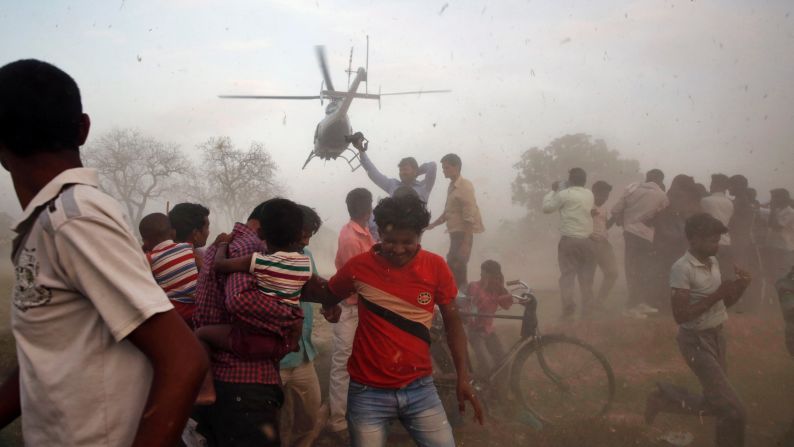 A helicopter carrying Nagma, a Bollywood actress and Congress Party candidate from Meerut, takes off after an election rally on April 17.