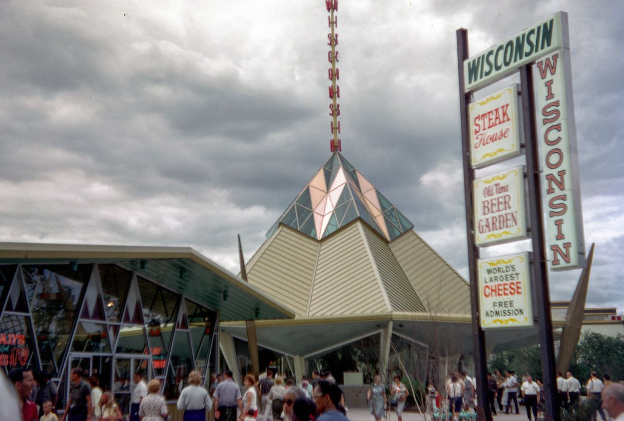 The Wisconsin Pavilion housed the "World's Largest Cheese" as an exhibit.