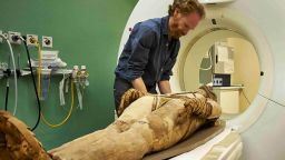 A mummy from the collection at the British Museum undergoing a CT scan at the Royal Brompton Hospital.