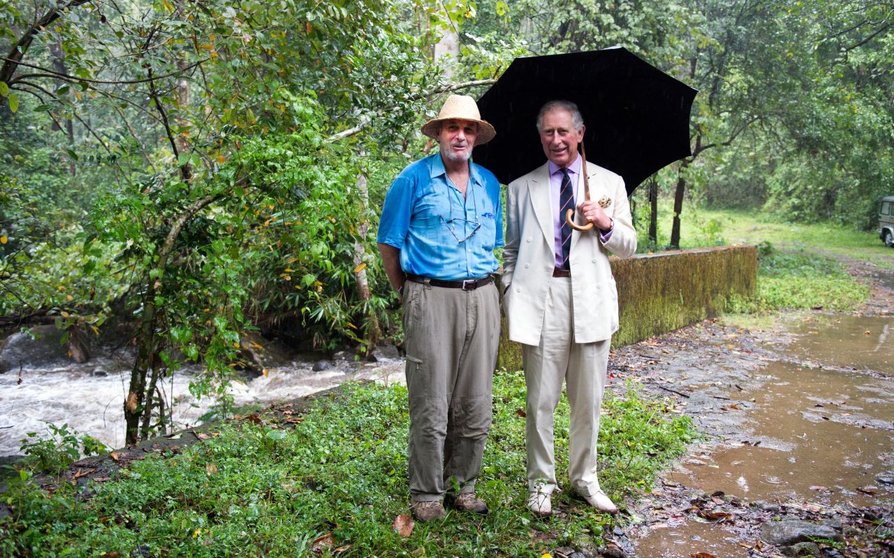 Charles, Prince of Wales, right, and his brother-in-law Shand, visit the elephant corridor at Vazhachal Forest Range in India on November 12. 