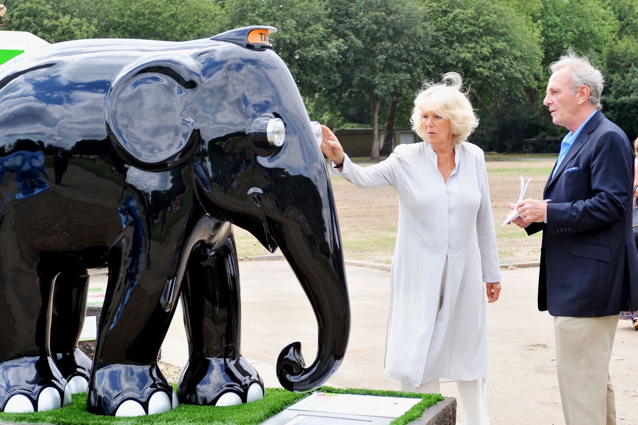 Camilla, Duchess of Cornwall, and her brother, Mark Shand, check out an elephant sculpture designed in the style of a London taxi at the Elephant Parade exhibition at Chelsea Hospital Gardens in London on June 24, 2010.