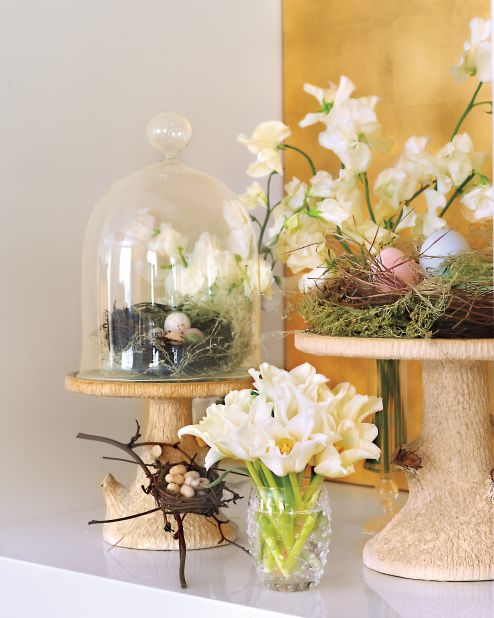 Miller decorated the event with flora-and-fauna vignettes using birds' nests, candy eggs, cloches and faux bois pedestals.