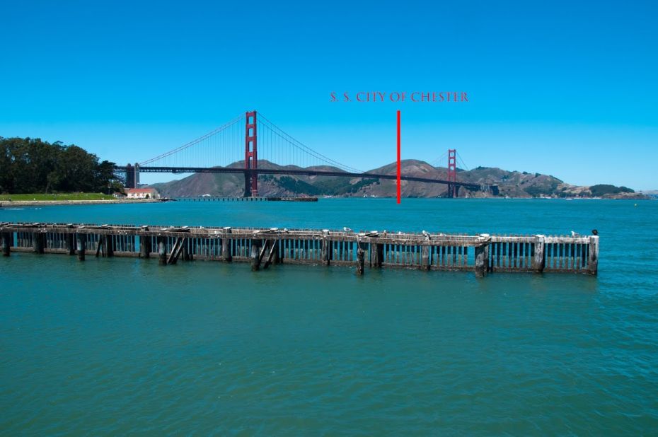 A view of the Golden Gate Channel and approximate location of where the ship was found.