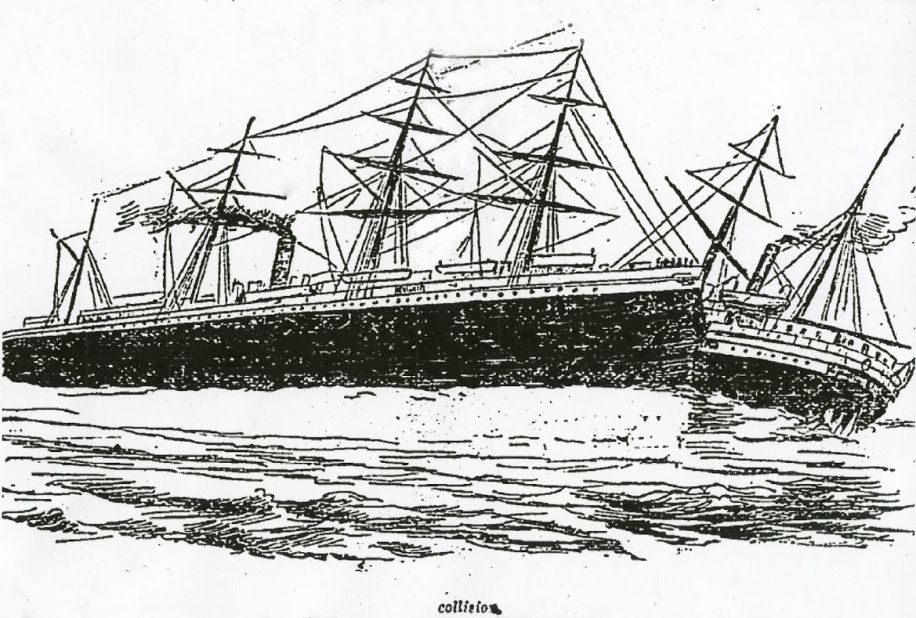 A newspaper illustration of the collision between RMS Oceanic and SS City of Chester. The 202-foot long steamship had just left San Francisco when it was struck by the steamer Oceanic.