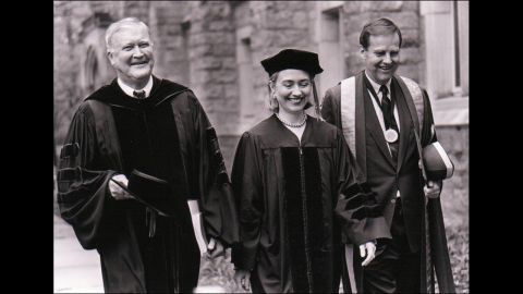 Clinton, Don Jones (left) and  former N.J. Gov. Tom Kean (right), then Drew University's president, at the school's 1996 graduation. Clinton spoke and received an honorary degree. 