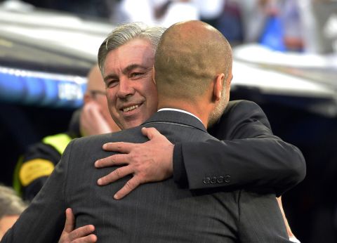 There's only one coach smiling after the first leg of Real and Bayern's Champions League semi-final and that's Real Madrid coach Carlo Ancelotti, seen here hugging Bayern Munich manager Pep Guardiola.
