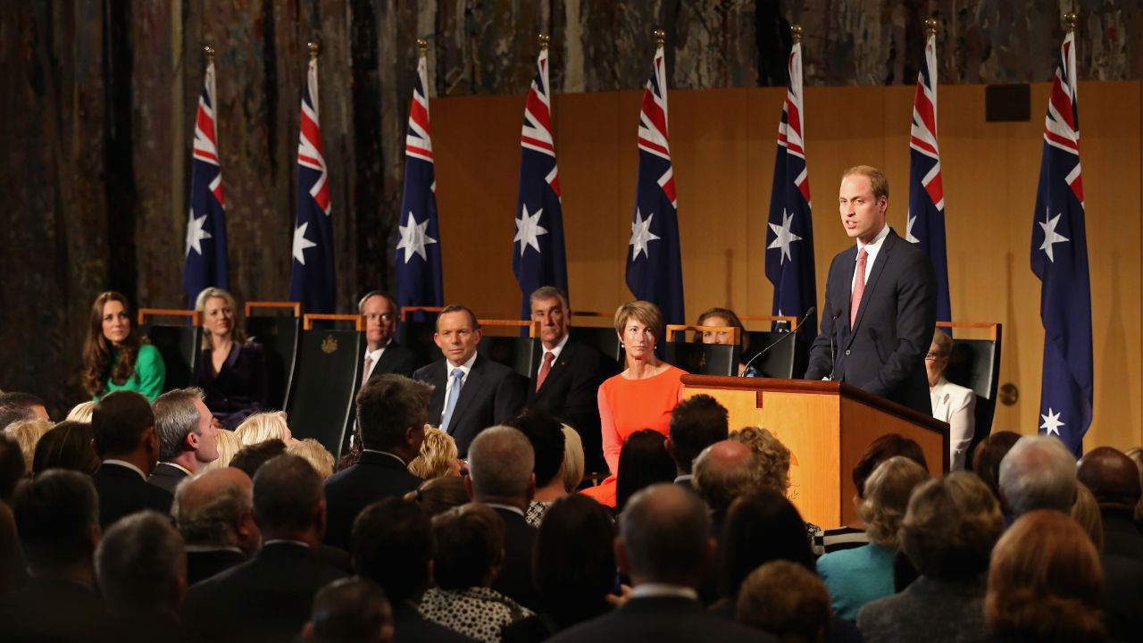 William speaks at a reception hosted by Australian Prime Minister Tony Abbott at the Parliament House in Canberra on April 24.