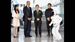 U.S. President Barack Obama watches Honda Motor Co humanoid robot ASIMO on April 24 Tokyo, Japan.