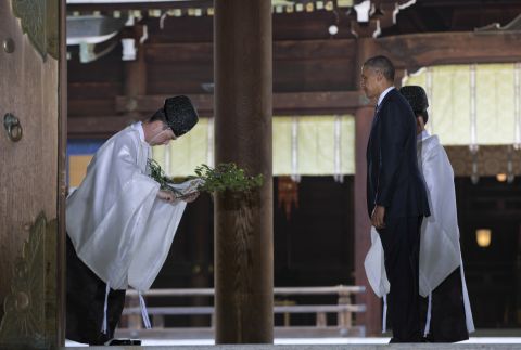 Obama receives a blessing at Meiji Shrine in Tokyo on April 24.
