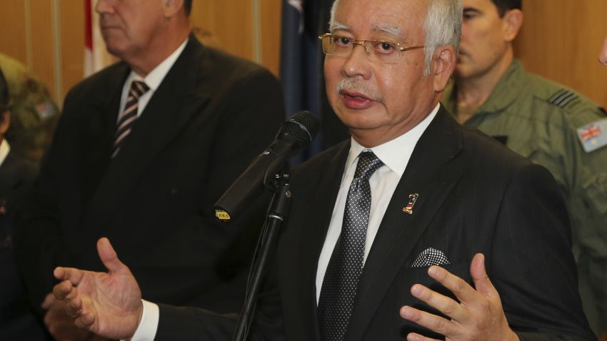 PERTH, AUSTRALIA - APRIL 03: Malaysia Prime Minister Najib Razak speaks at a breakfast with crews from different countries involved in the search for wreckage and debris of missing Malaysia Airlines MH370 at RAAF base Pearce on April 3, 2014 in Perth, Australia. The search continues off the Western Australian coast for Malaysia Airlines flight MH370 that vanished on March 8 with 239 passengers and crew on board. The flight is suspected to have crashed into the southern Indian Ocean with no survivors. (Photo by Rob Griffith/Pool/Getty Images/FILE)