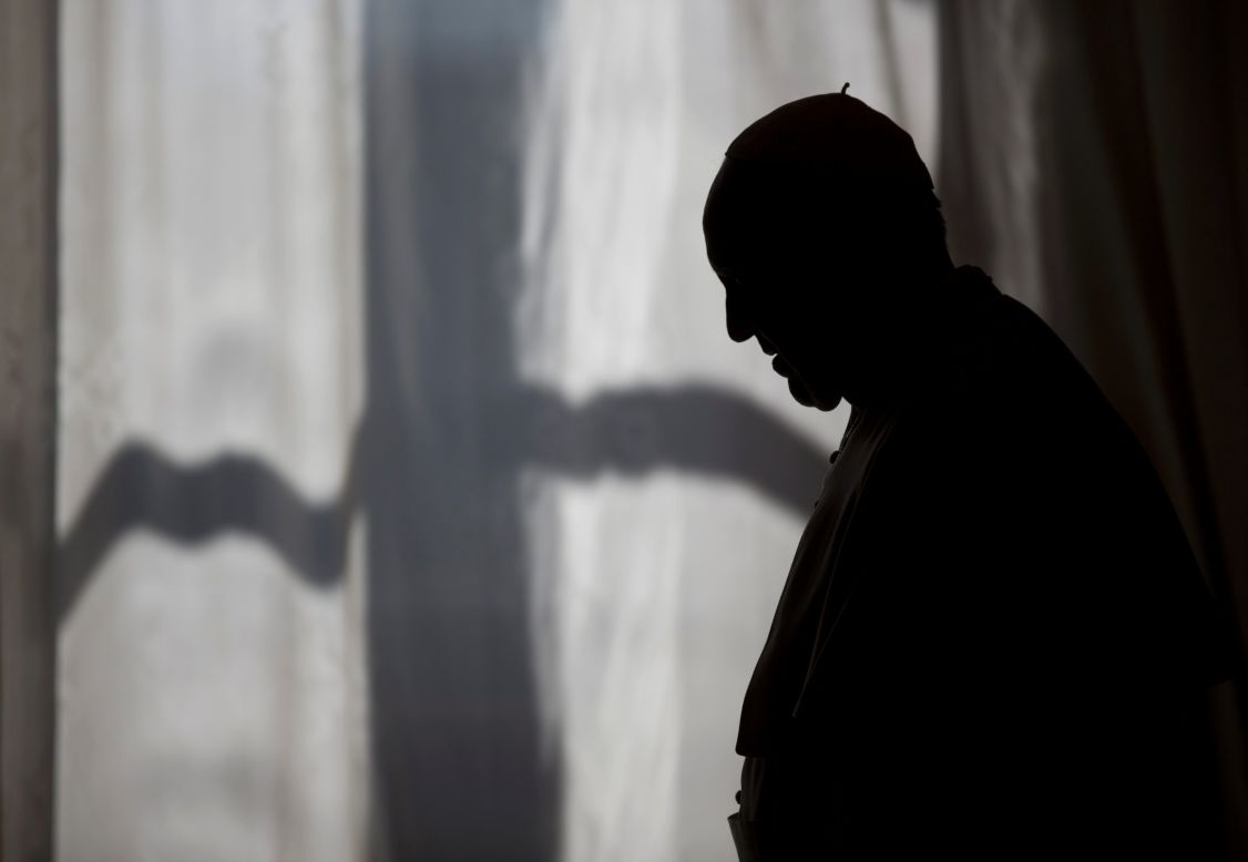 Pope Francis is silhouetted as he leaves after his meeting with Albanian Prime Minister Edi Rama and his wife, Linda, at the Vatican, on Thursday, April 24.