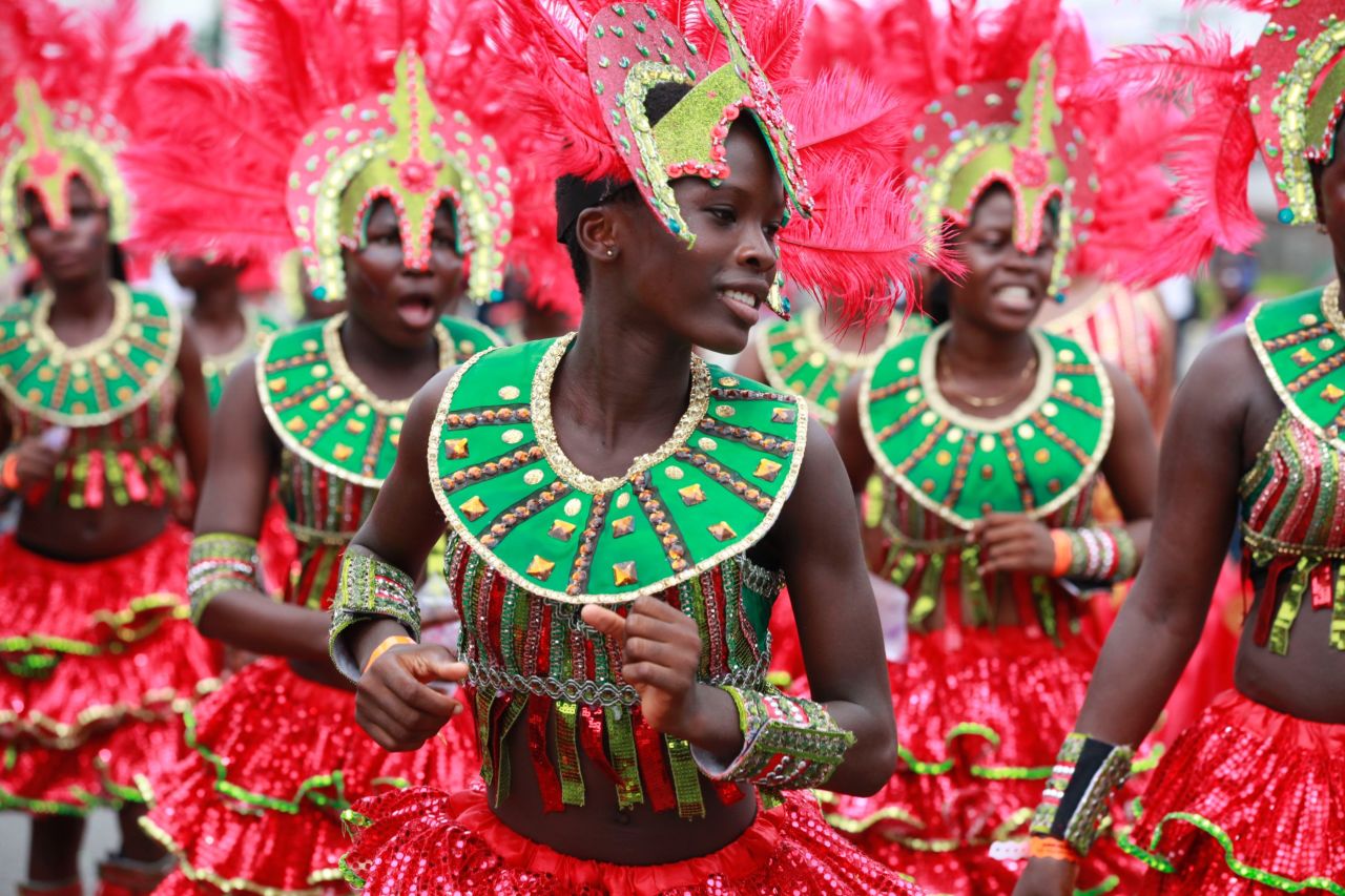 Performers dance through the street during the Lagos Carnival in Nigeria on Monday, April 21. 