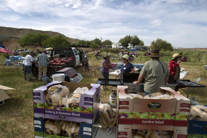 Bundy family members and supporters of rancher Cliven Bundy set up for a "Patriot Party" on April 18. The family organized the party to thank people who supported Cliven Bundy in his dispute with the Bureau of Land Management. 