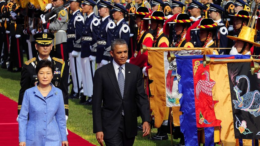 President Barack Obama, right, and South Korean president Park Geun-Hye attend a welcoming ceremony at the presidential Bule House on April 25 in Seoul, South Korea.