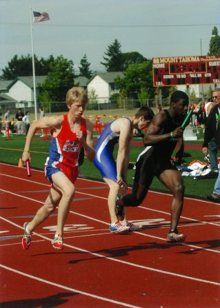 Evan was the anchor leg on the mile relay team at his high school. This photo was taken in 2006.