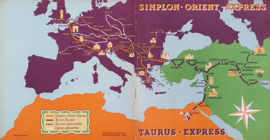 The Orient Express was more than just a service connecting two opposite sides of Europe. It was also a gateway to the Middle East, and from Istanbul travelers could catch connecting services to places like Aleppo, Damascus, Beirut, Baghdad, and Cairo. This map from 1931 shows the Orient-Express network, as well as its connection to Taurus Express which opened up new routes in the Middle East. 