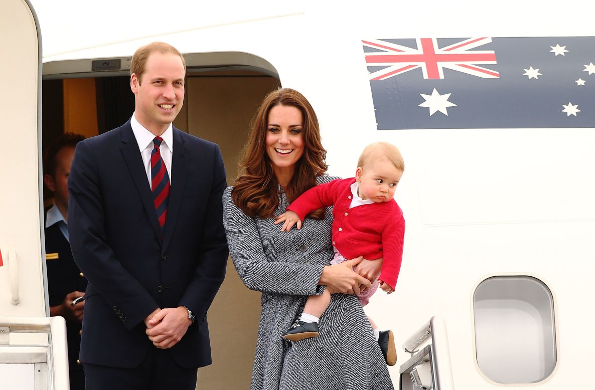 Catherine, Duchess of Cambridge; Prince William, Duke of Cambridge; and Prince George of Cambridge depart RAAF Base Fairbairn on Friday, April 25, to head back to the UK after a three-week tour of Australia and New Zealand, their first official trip overseas with the 8-month-old prince.