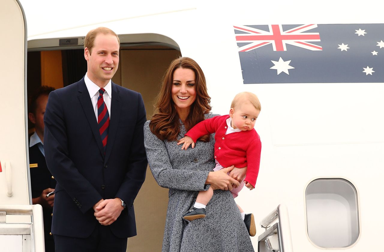 The royal family leaves an airbase in Australia to head back to the United Kingdom in April 2014. They took a three-week tour of Australia and New Zealand. It was their first official trip overseas after George's birth.