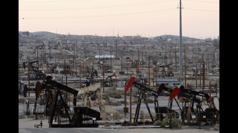 Pumpjacks and wells churn away at an oil field on the Monterey shale formation in March 2014. Opponents of fracking in California cite increased water usage amid a devastating drought and possible chemical pollution as primary reasons for denouncing the operations. There are also concerns about fracking disturbing the already volatile, 800-mile-long San Andreas Fault. 
