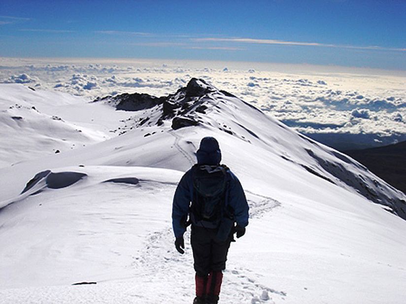 Africa's great dormant, snow-capped volcano is known for its high-altitude flora and equatorial glaciers.  