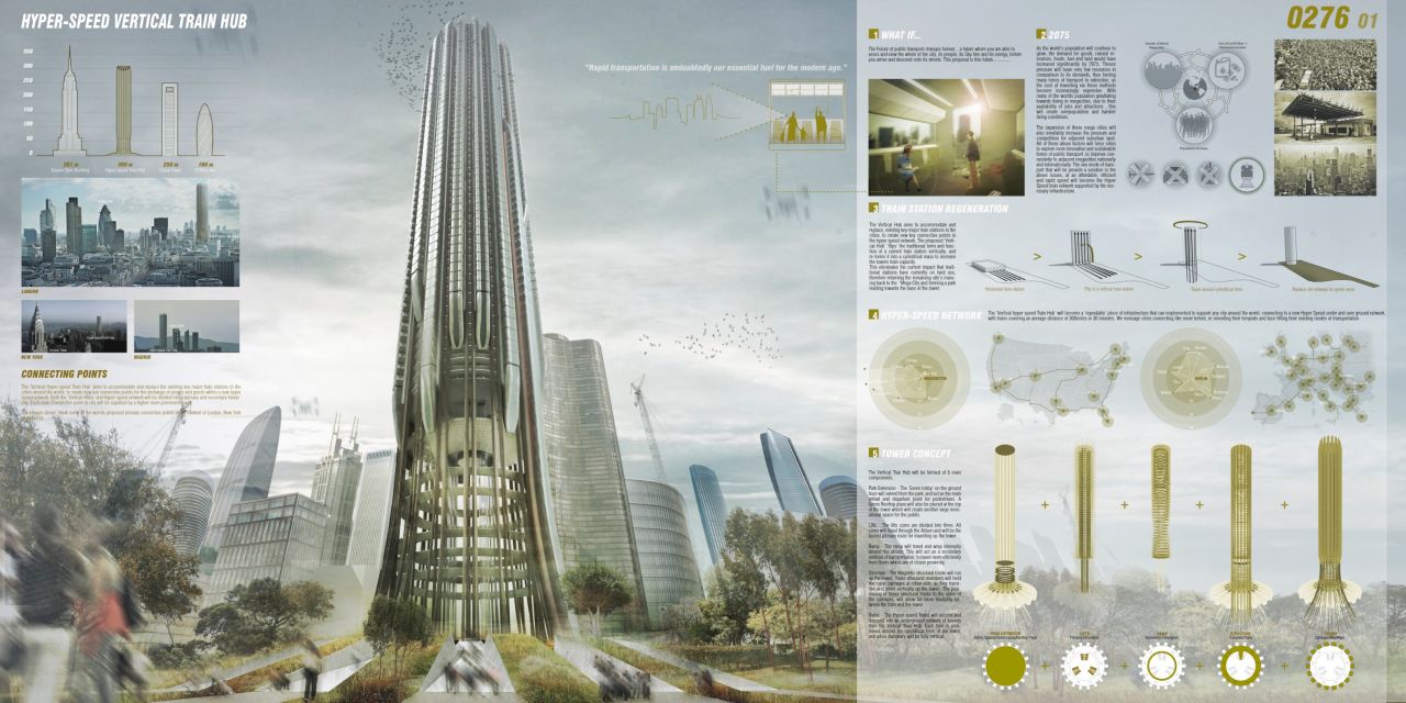 The proposal by UK-based designers Christopher Christophi and Lucas Mazarrasa calls for tall cylindrical skyscrapers to replace the existing flagship train stations that have a large footprint.