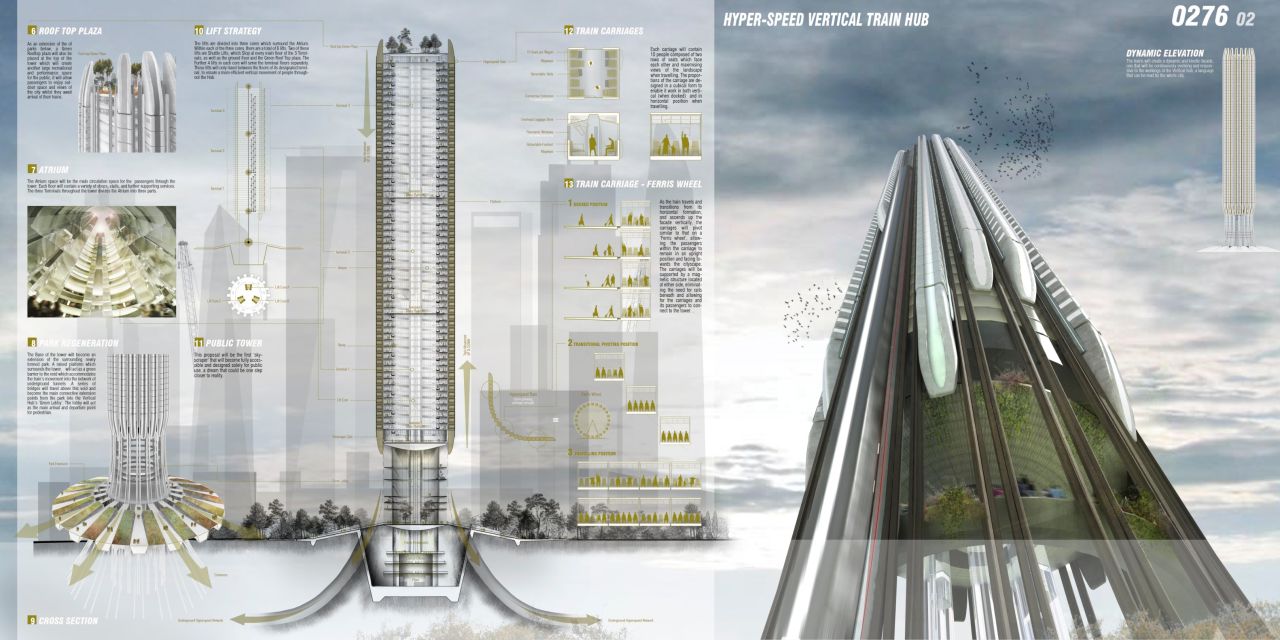 What if trains could scale up and down the exterior of huge skyscrapers to create vertical rail stations?